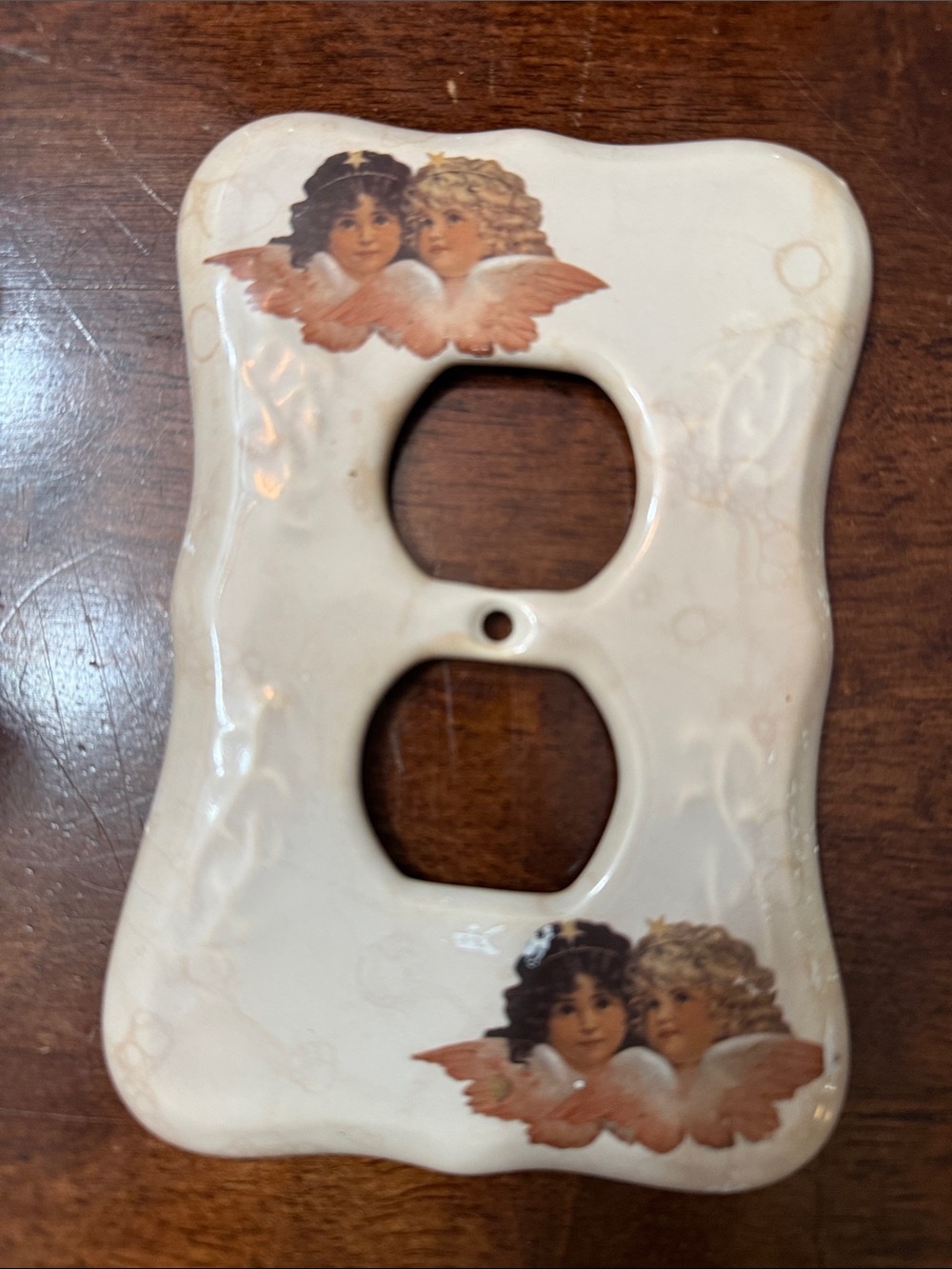 Vintage-Style Angel Ceramic Double Outlet Cover - White with Pink Accents
